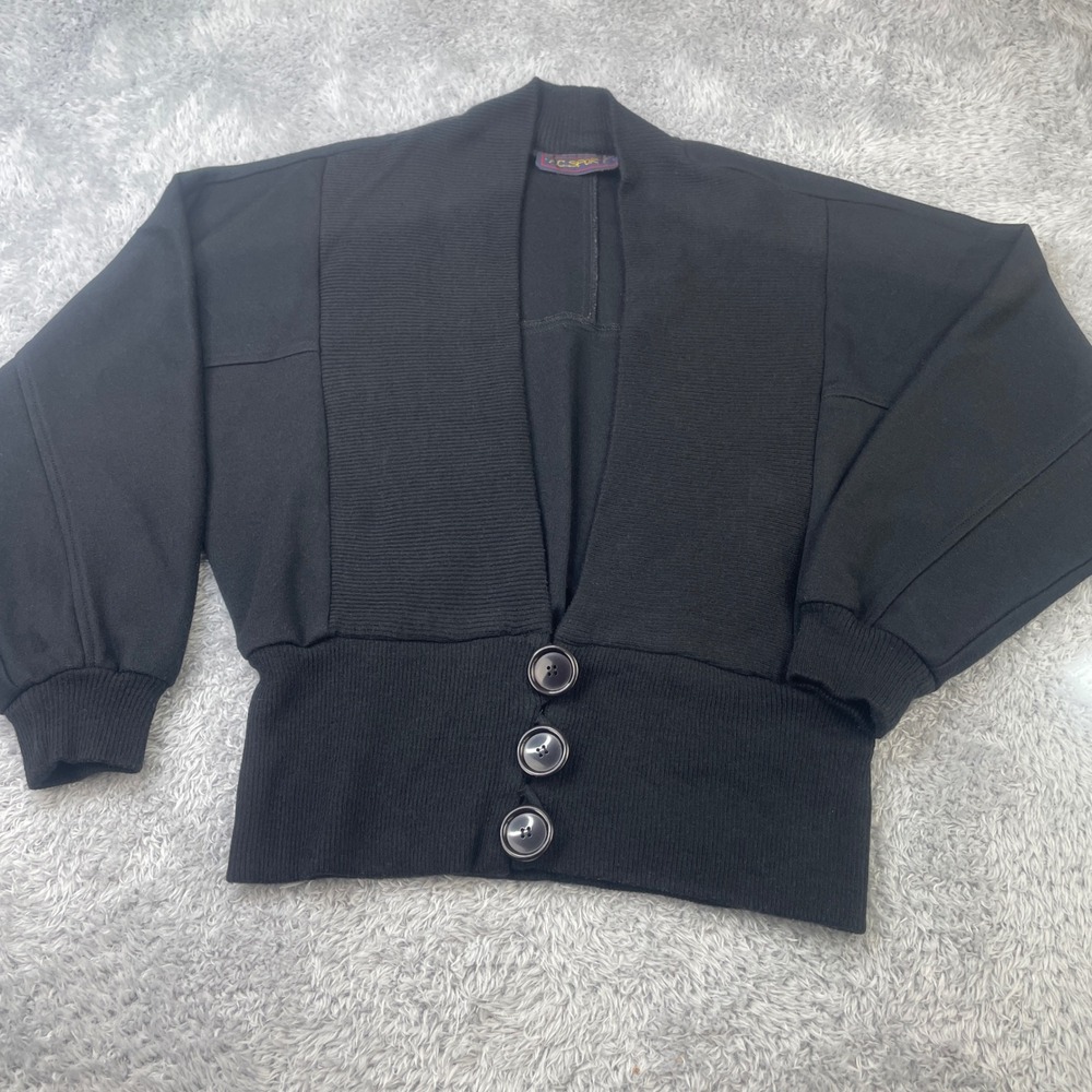 Vintage Cardigan Sweater Womens M 80's Black Dolman Sleeve Cinched Waist Ribbed - Picture 1 of 8